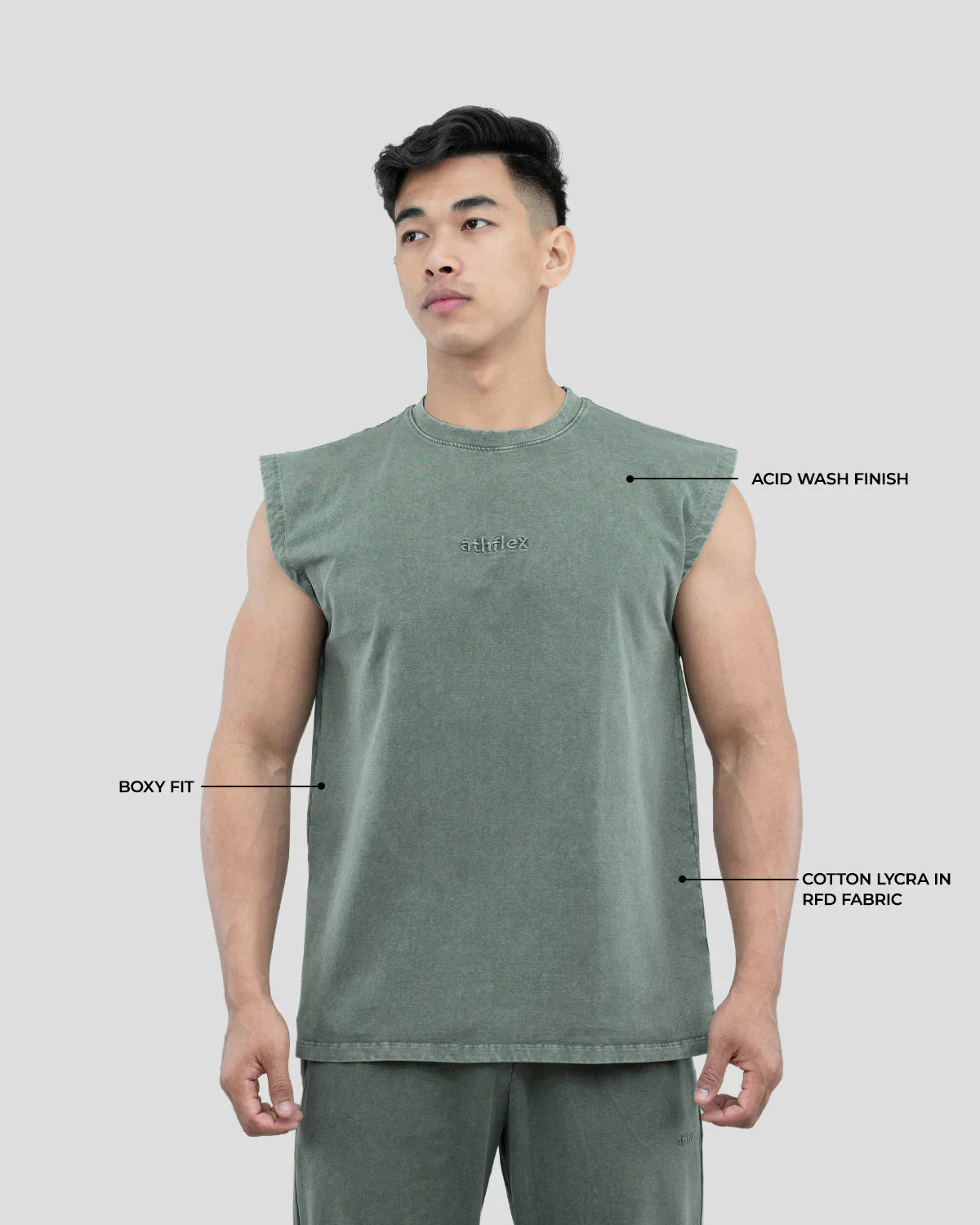 Athflex - Acid Wash Boxy Tank - Ash Green
