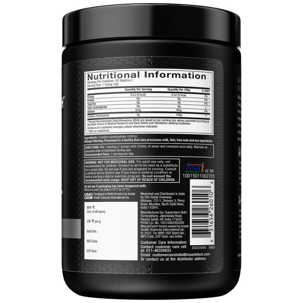 MuscleTech Platinum 100% Creatine - 250 gm (0.55 Lb), Unflavoured