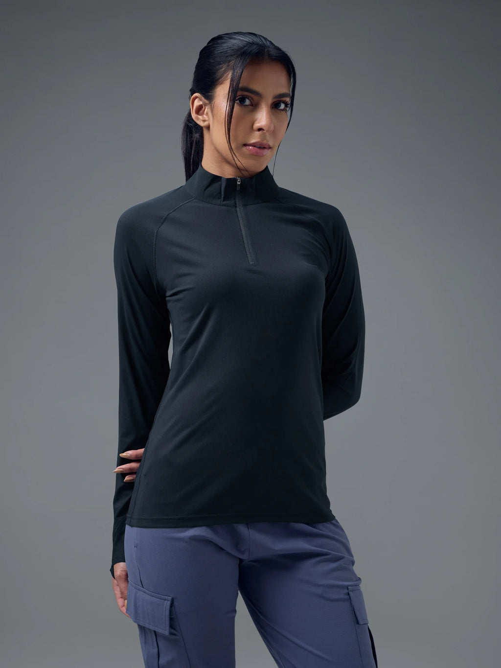 TECHNOSPORT Women Solid High Neck Polyester - Navy Blue