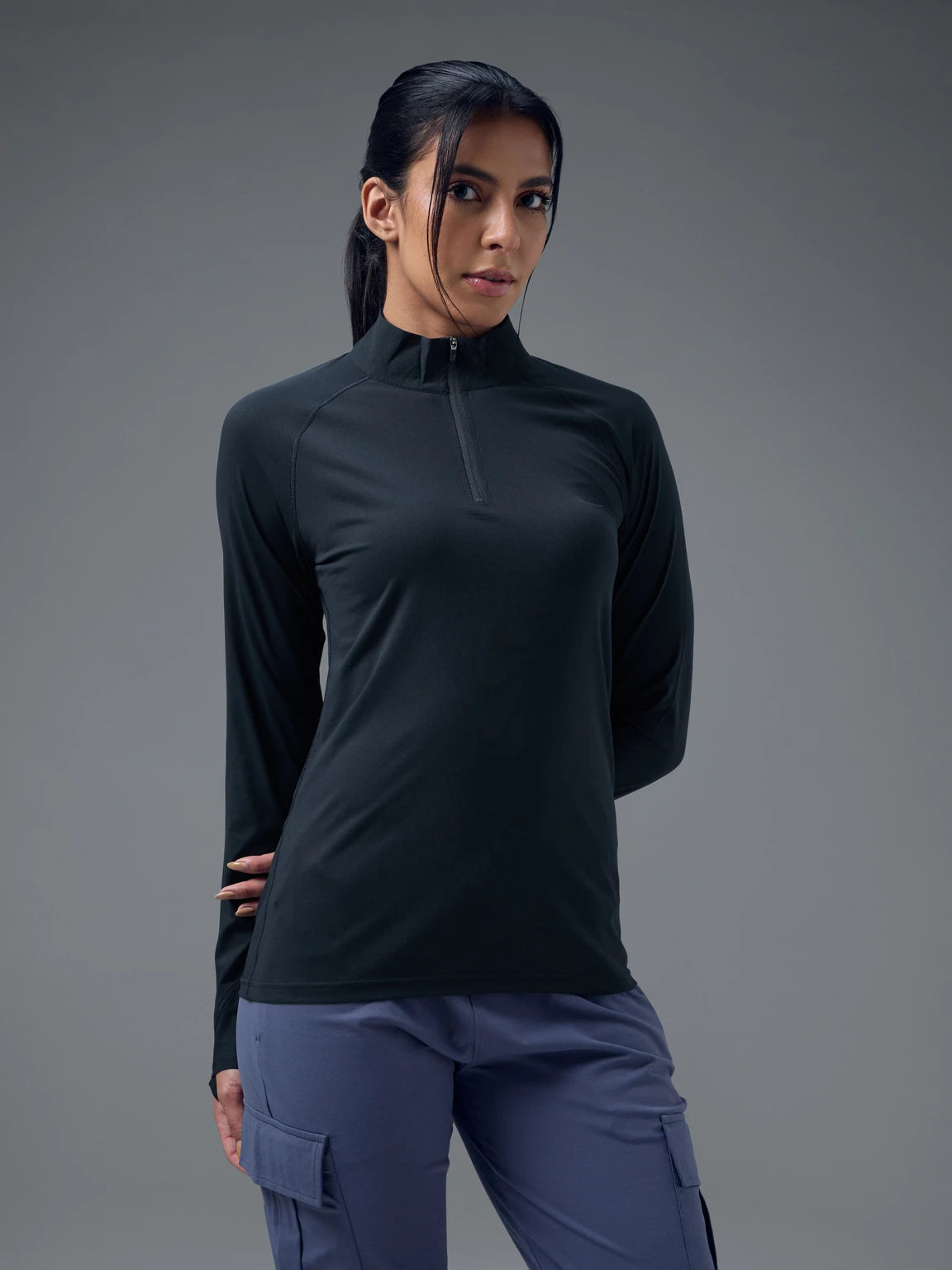TECHNOSPORT Women Solid High Neck Polyester - Navy Blue