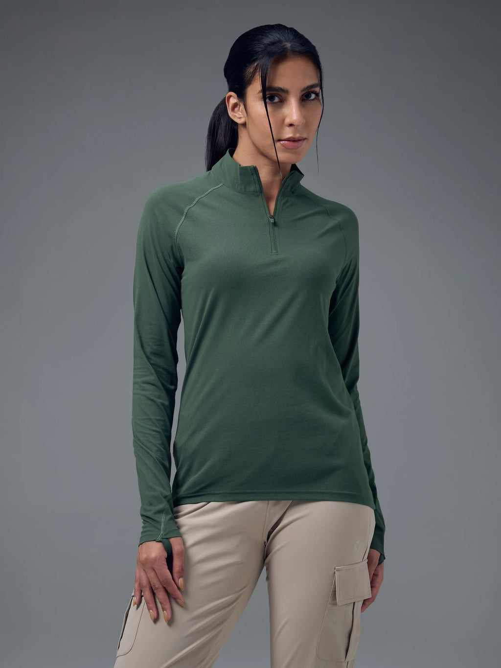 TECHNOSPORT Women Solid High Neck Polyester - Dark Green