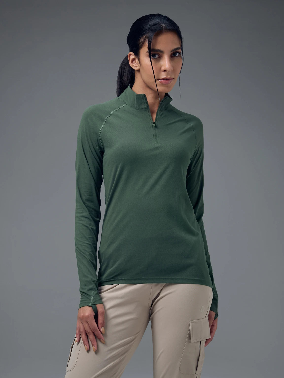 TECHNOSPORT Women Solid High Neck Polyester - Dark Green