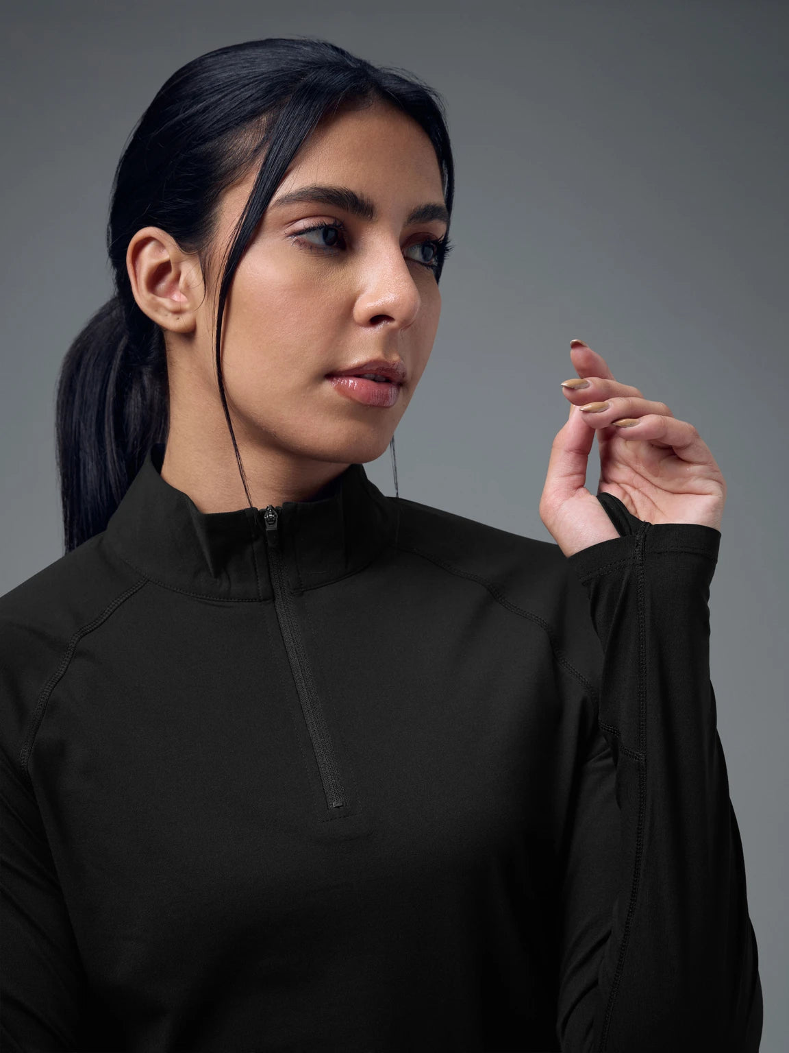 TECHNOSPORT Women Solid High Neck Polyester - Black