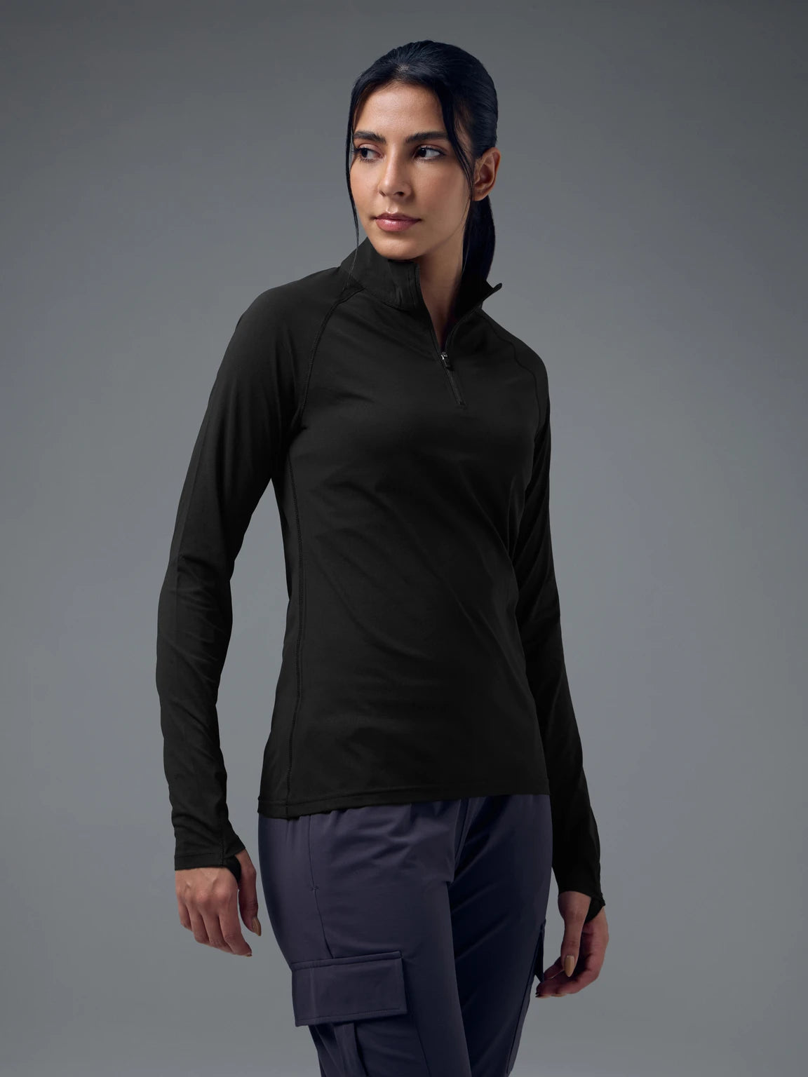TECHNOSPORT Women Solid High Neck Polyester - Black