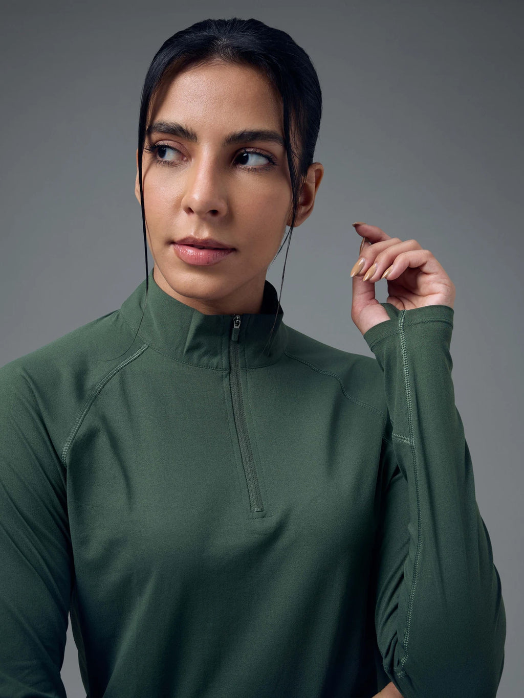 TECHNOSPORT Women Solid High Neck Polyester - Dark Green
