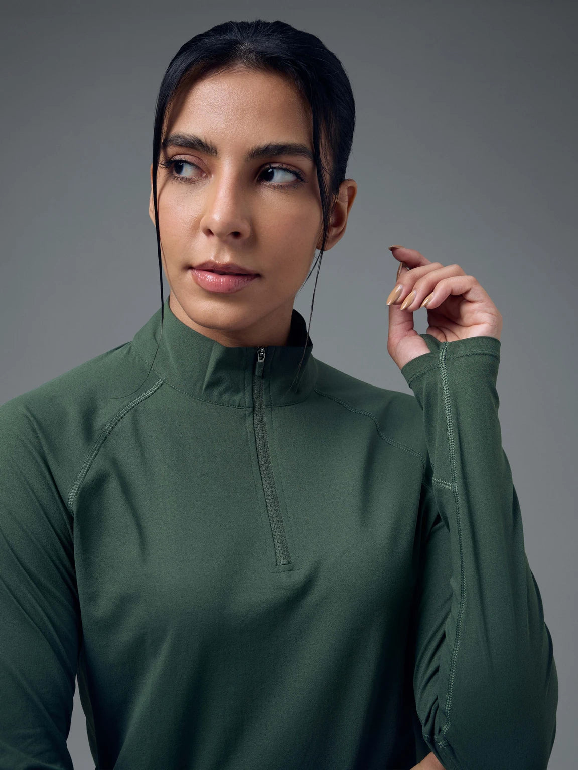 TECHNOSPORT Women Solid High Neck Polyester - Dark Green