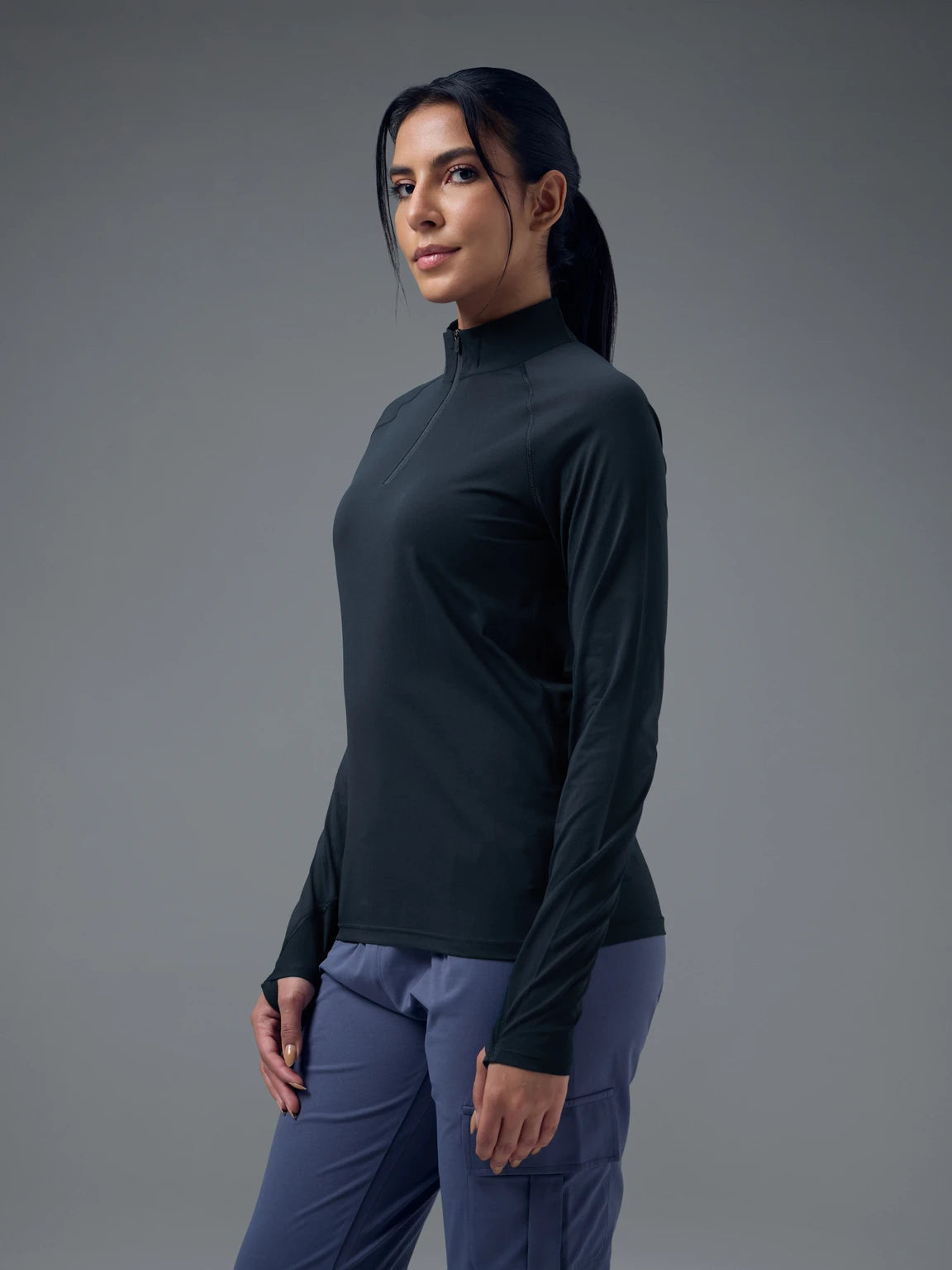 TECHNOSPORT Women Solid High Neck Polyester - Navy Blue