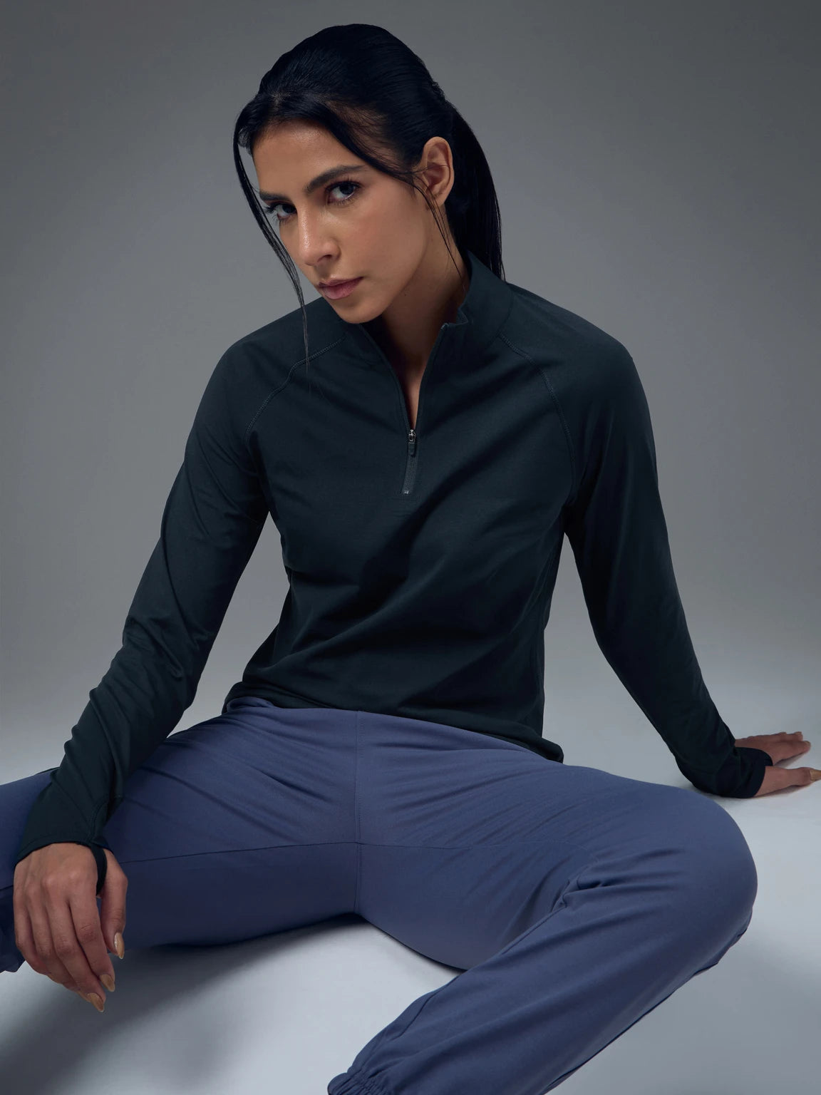 TECHNOSPORT Women Solid High Neck Polyester - Navy Blue