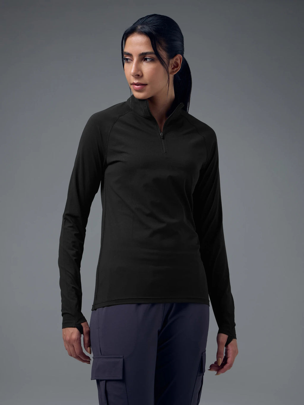 TECHNOSPORT Women Solid High Neck Polyester - Black