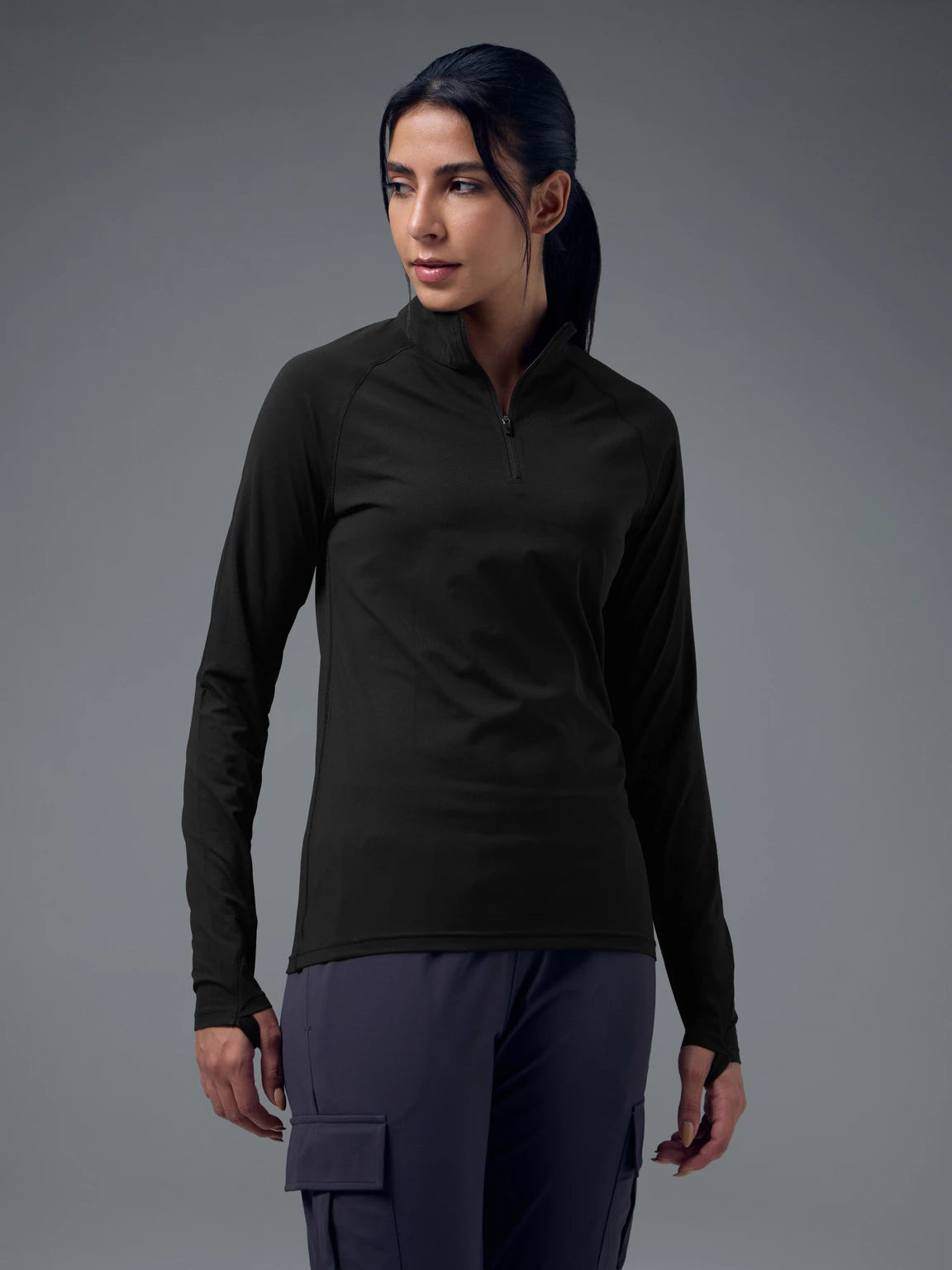 TECHNOSPORT Women Solid High Neck Polyester - Black