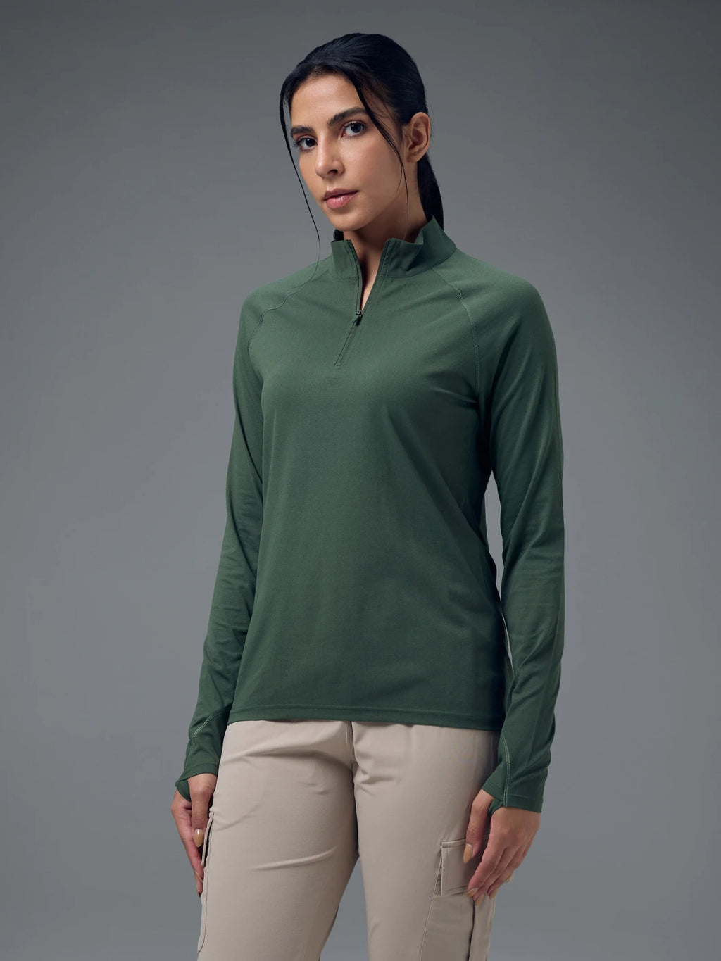 TECHNOSPORT Women Solid High Neck Polyester - Dark Green